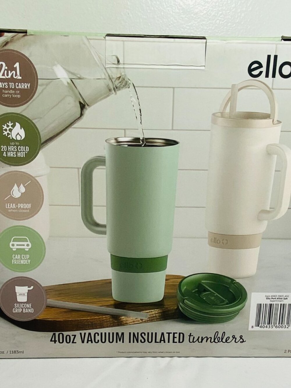 NEW 2-Pack ELLO 40oz Vacuum Insulated Tumblers Sage & Cream 20 Hrs Cold/4 HrsHot